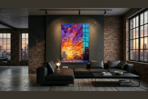 Vibrant Sunset Cityscape Impasto Artwork